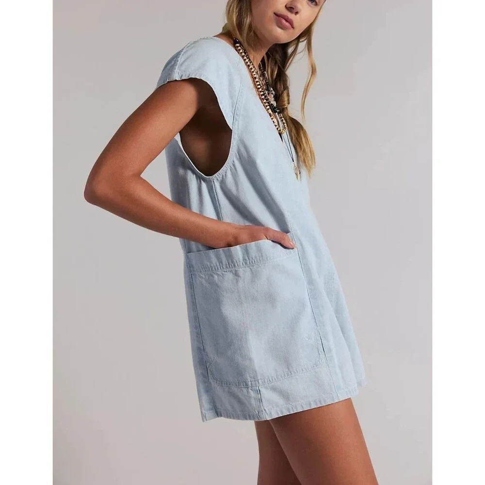 Free People We The Free Fall Denim Romper V-Neck Oversized Cotton Water S 288819